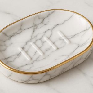Elegant Ceramic Marble Pattern Soap Dish With Gold Trim For Luxury Hotel Style Bathroom Decor