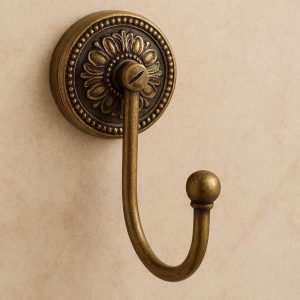 Vintage Brass Antique Style Single Towel Hook For Traditional Home Decor And Classic Bathroom Look