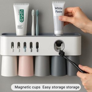 Family Size Toothbrush Holder With Automatic Toothpaste Dispenser And Magnetic Cups For Easy Storage