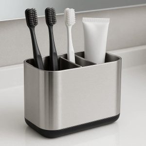 Sleek Stainless Steel Toothbrush Caddy With Removable Dividers For Easy Cleaning And Modern Vanity